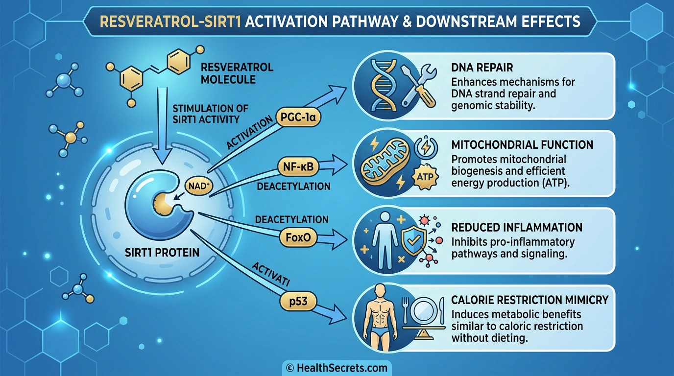 Infographic showing how resveratrol activates SIRT1 sirtuin pathway for longevity