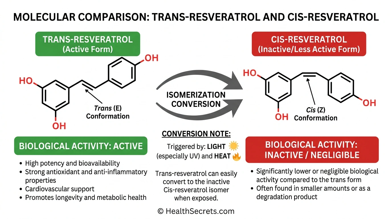 Molecular structures comparing active trans-resveratrol and inactive cis-resveratrol forms