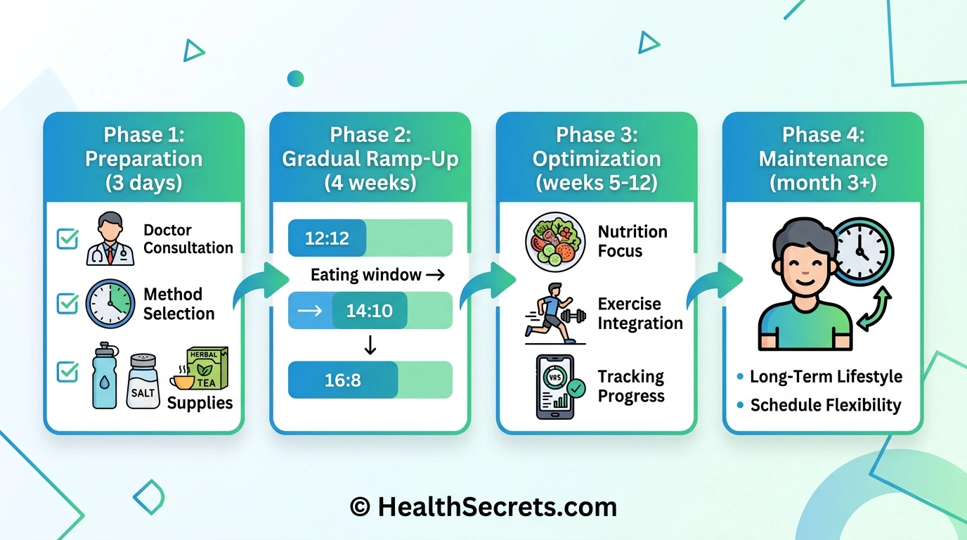 Four-phase intermittent fasting action plan from preparation through gradual ramp-up optimization and long-term maintenance