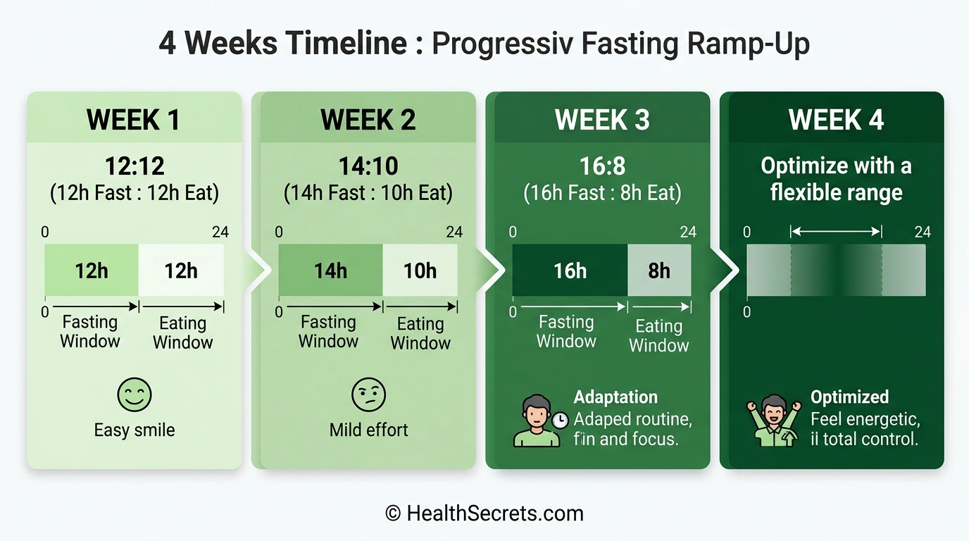 Four-week gradual intermittent fasting ramp-up timeline from 12:12 to 14:10 to 16:8 with optimization phase