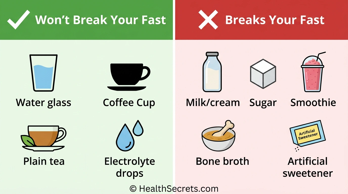 Visual guide showing what breaks and doesn't break an intermittent fast including water coffee tea versus milk sugar and calories