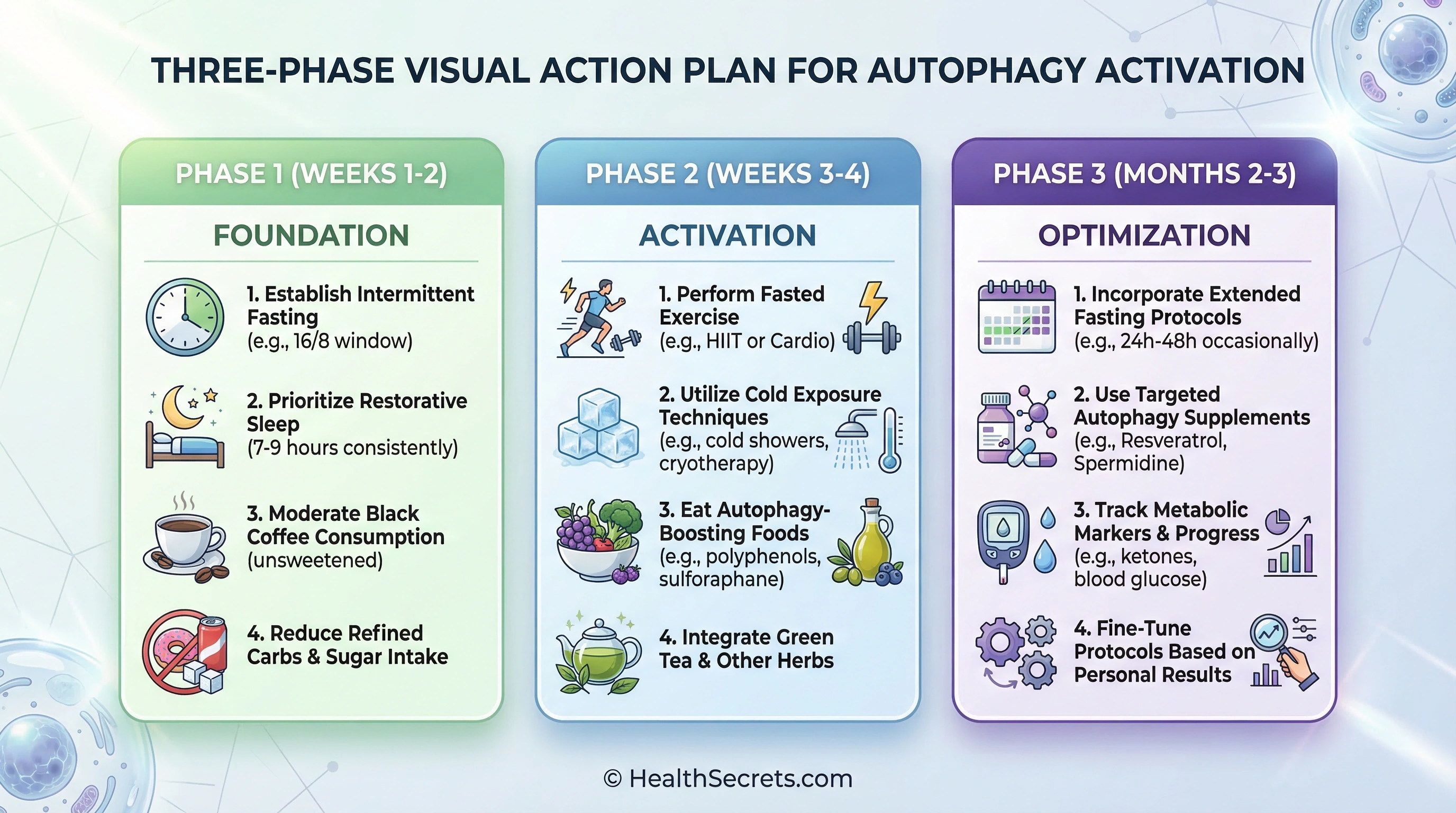 Three-phase autophagy activation action plan showing foundation, activation, and optimization stages