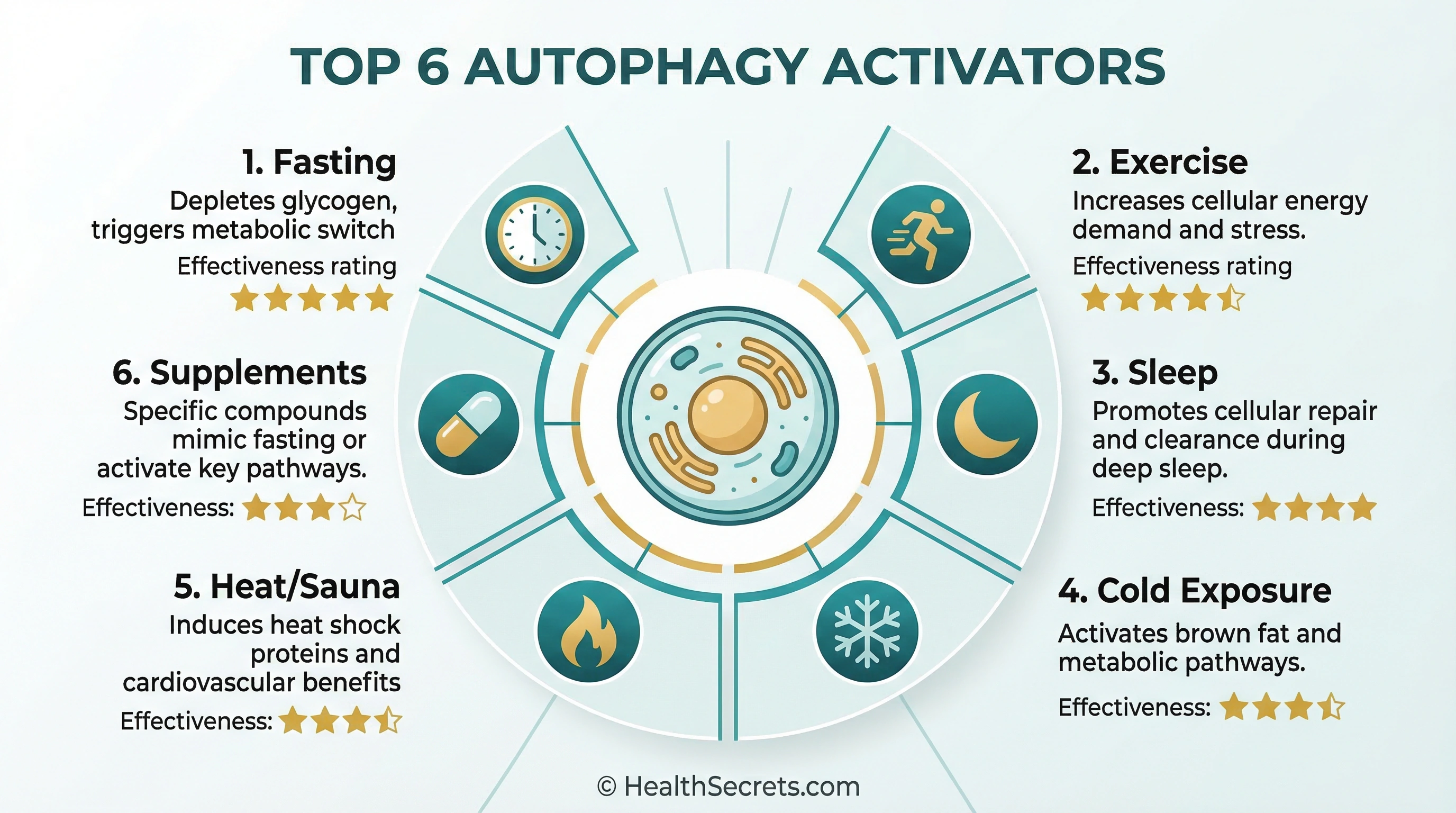 Six natural autophagy activators infographic showing fasting, exercise, sleep, cold exposure, heat stress, and supplements
