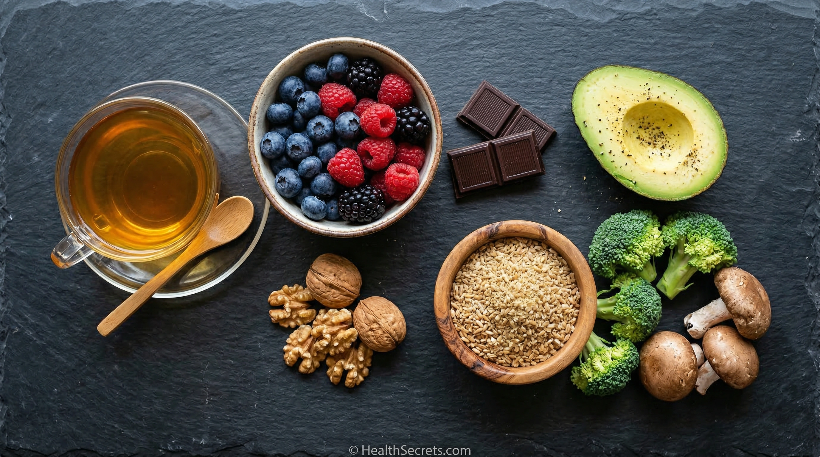 Autophagy-supporting foods including green tea, berries, dark chocolate, broccoli, avocado, walnuts, wheat germ, and mushrooms