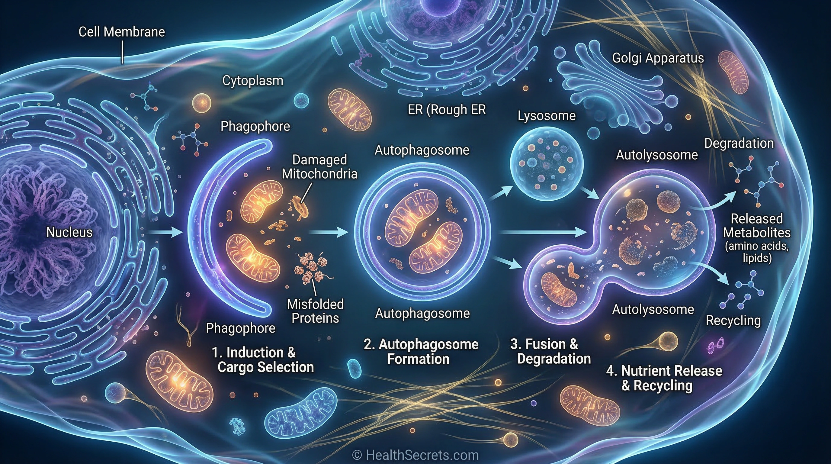 Scientific illustration of the autophagy process showing a cell forming an autophagosome around damaged organelles