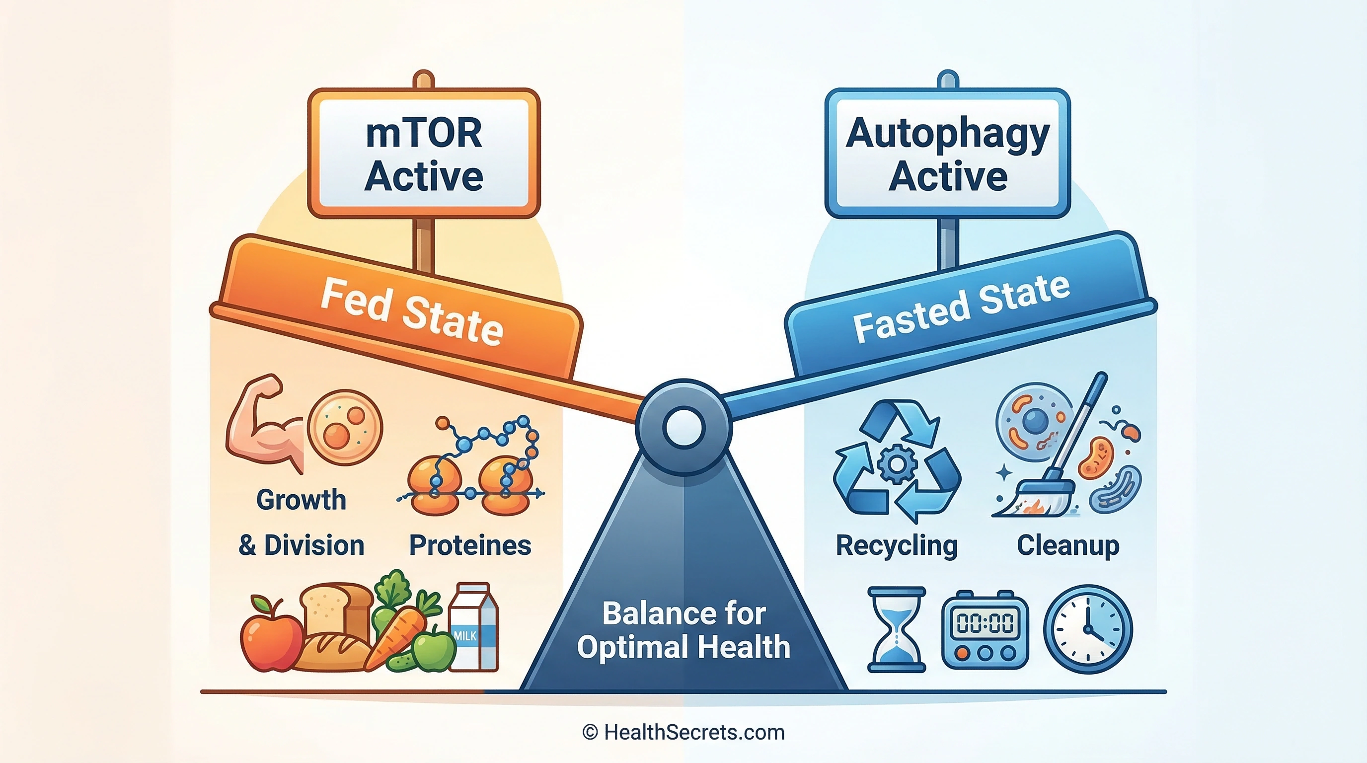 mTOR-autophagy seesaw diagram showing how fed state activates mTOR growth and fasted state activates autophagy cellular cleanup