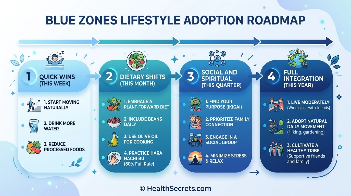 Four-phase action plan for adopting a Blue Zones lifestyle from quick wins to full integration