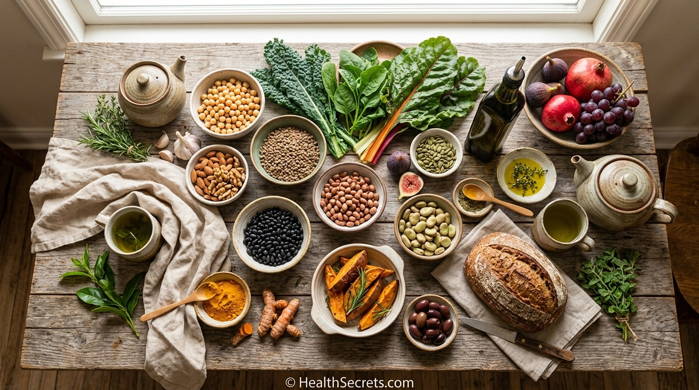 Blue Zones staple foods including beans, legumes, leafy greens, nuts, olive oil, and sweet potatoes arranged on a rustic table