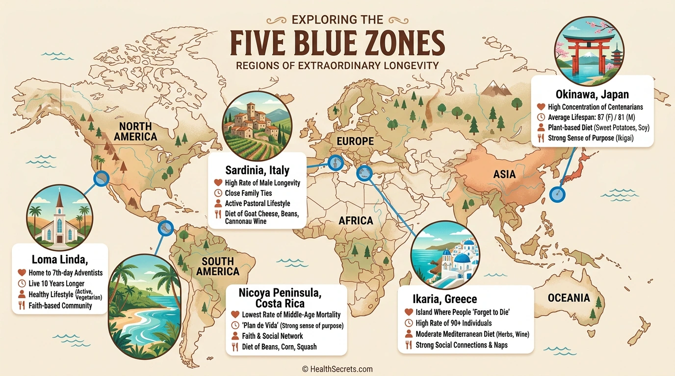 World map highlighting the five Blue Zones regions — Okinawa, Sardinia, Ikaria, Nicoya, and Loma Linda — with key longevity statistics