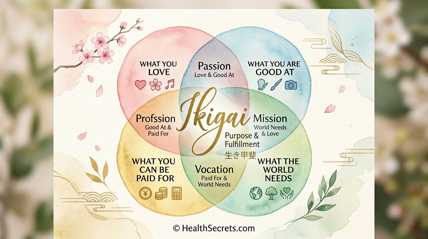 Ikigai diagram showing the four intersecting elements of purpose — passion, vocation, mission, and profession