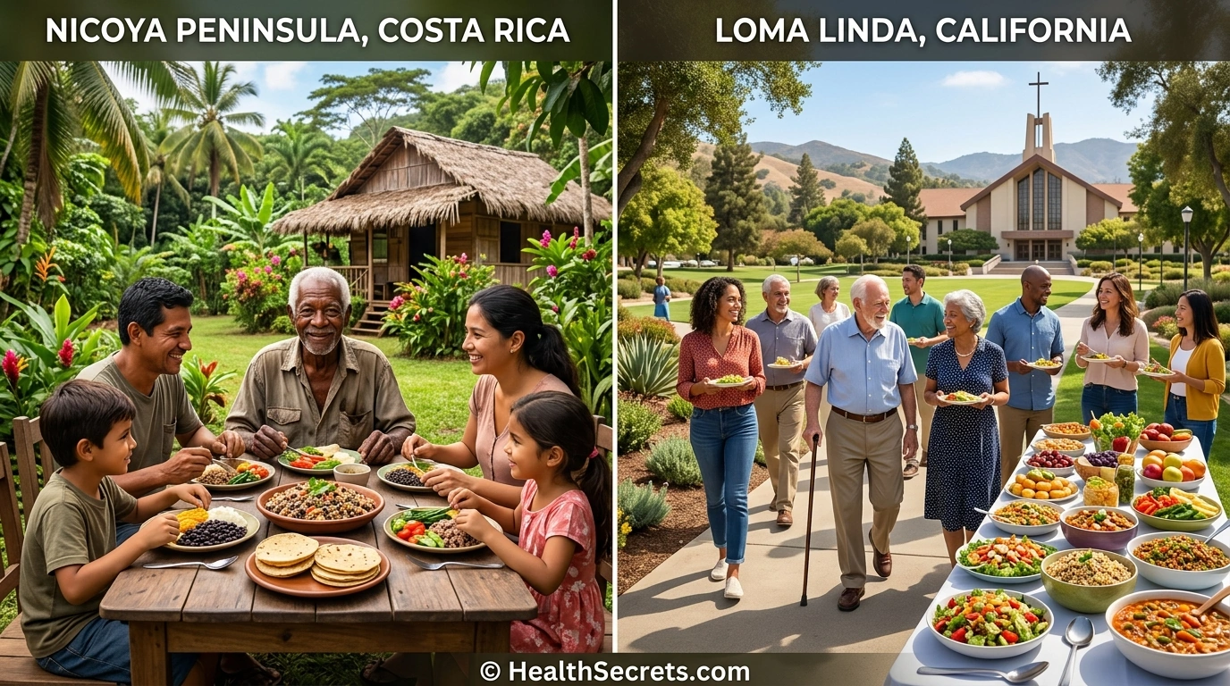Side-by-side comparison of Nicoya Peninsula Costa Rica and Loma Linda California Blue Zones lifestyles