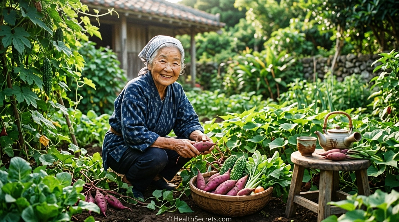 Okinawan centenarian tending a garden with traditional longevity foods including sweet potatoes and green tea