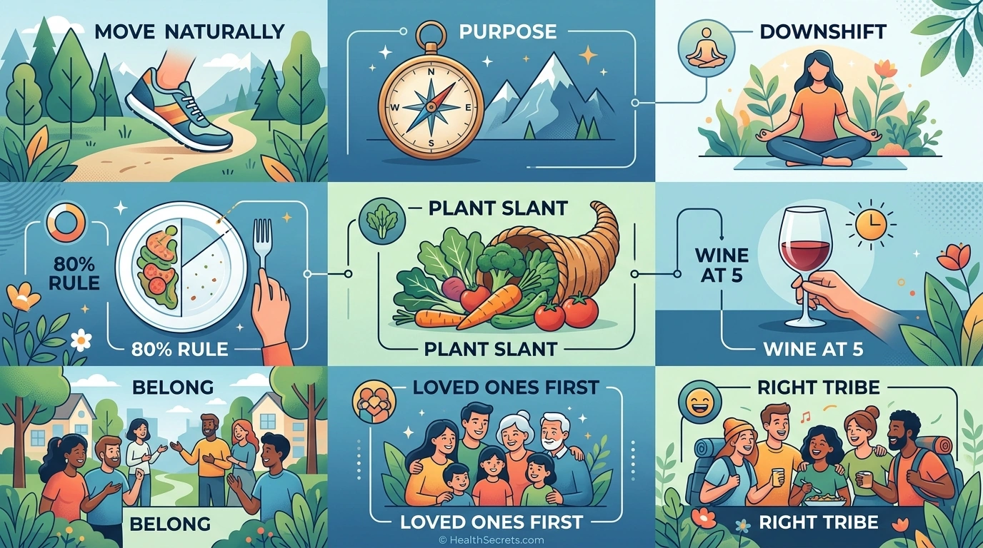 Infographic of the Power 9 longevity principles shared across all five Blue Zones