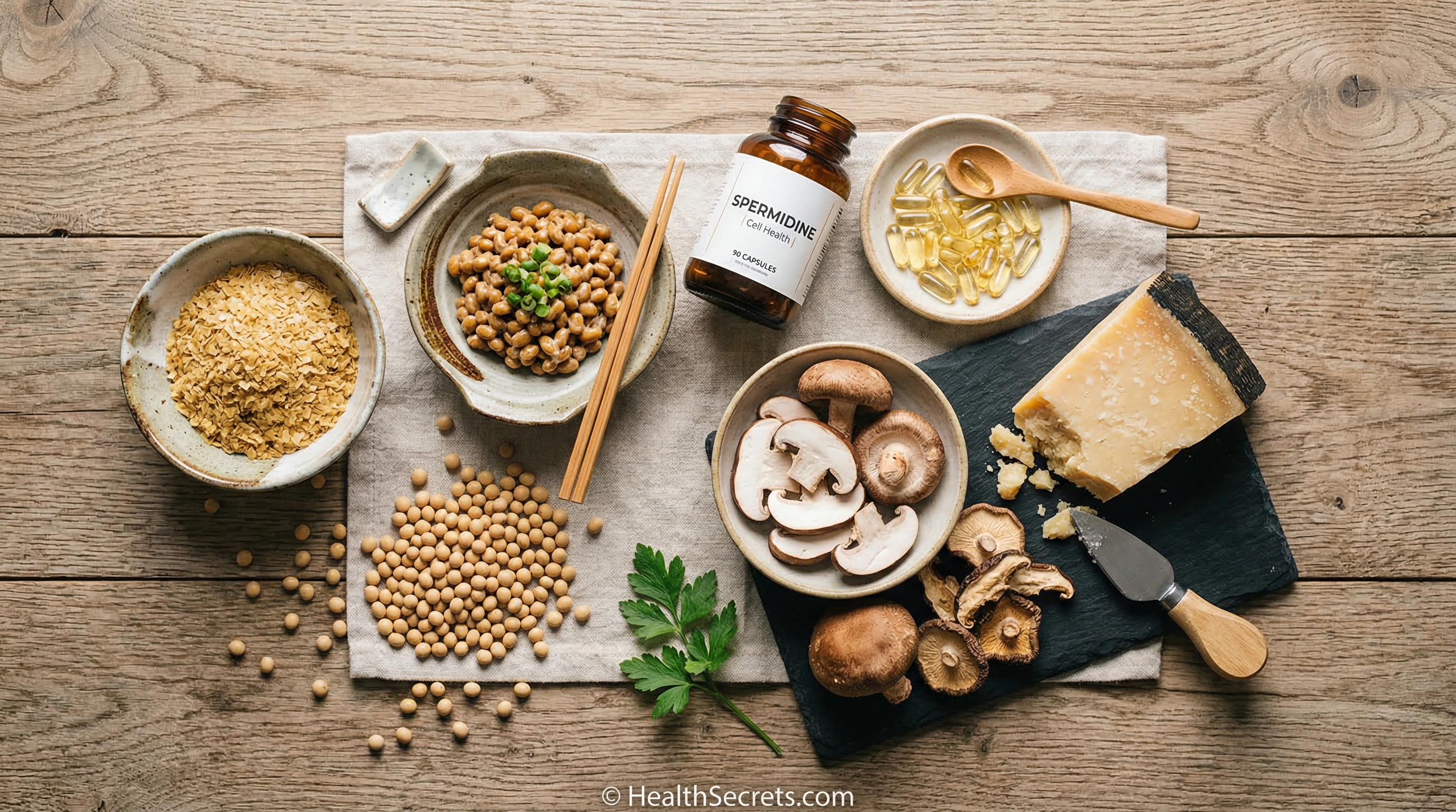 Spermidine-rich foods including wheat germ natto soybeans mushrooms and aged cheese alongside spermidine supplement capsules for longevity support