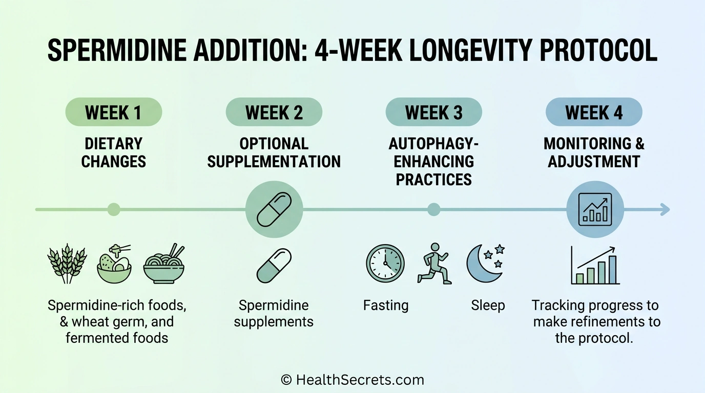 Four-week action plan timeline for incorporating spermidine into a longevity protocol from dietary foundation to monitoring