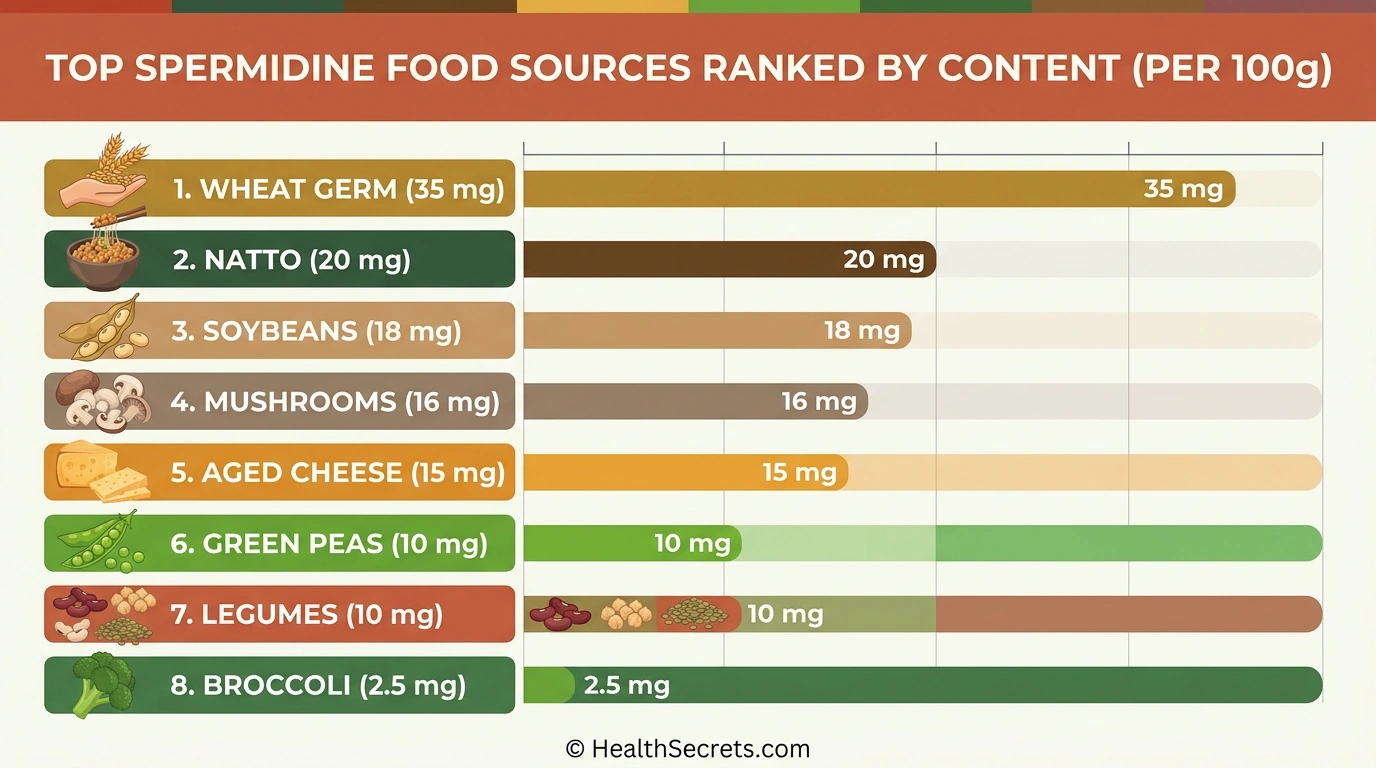 Infographic ranking the top food sources of spermidine by concentration showing wheat germ as the richest source