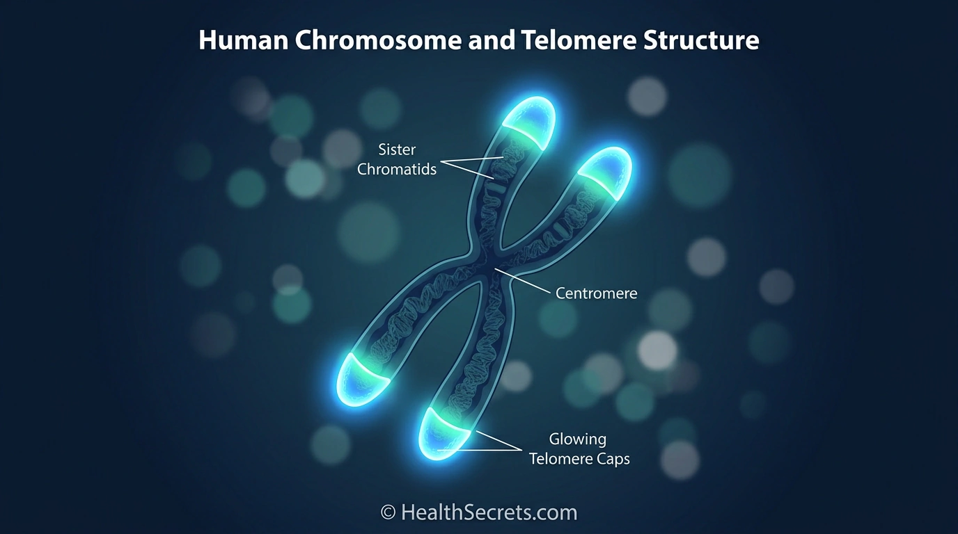 Illustration of human chromosome with protective telomere caps at both ends showing their role in DNA protection