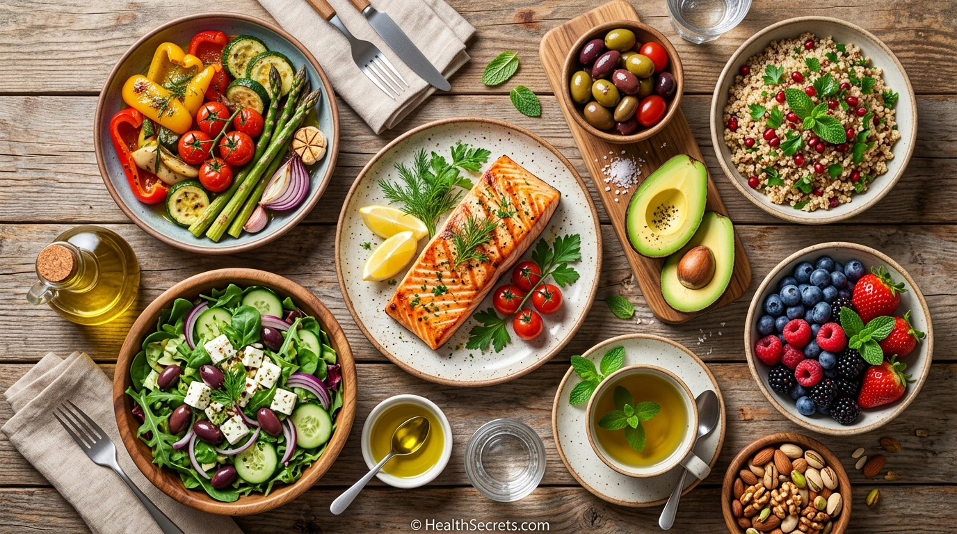 Mediterranean diet foods spread including salmon vegetables olive oil nuts and berries that support telomere health