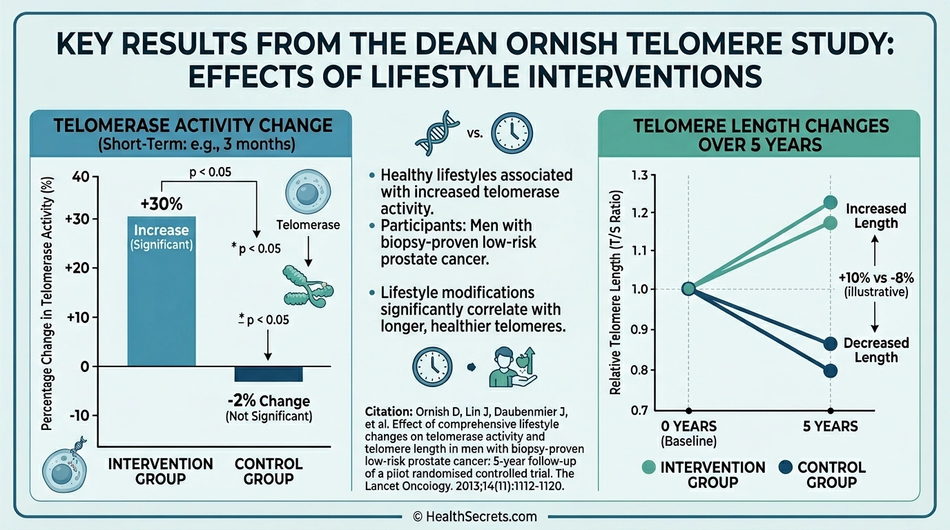 Chart showing Dean Ornish study results with 30 percent telomerase increase and telomere lengthening after 5 years of lifestyle changes