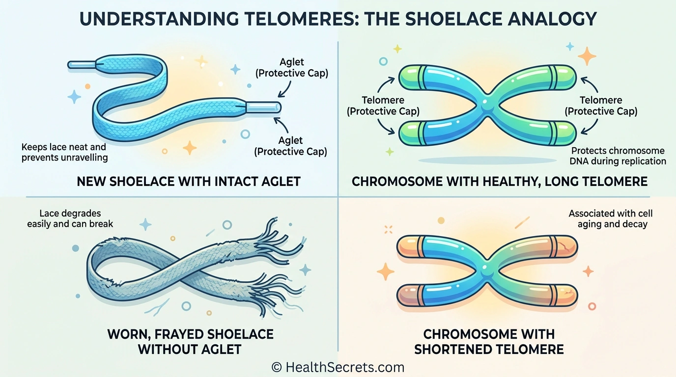 Side-by-side comparison of shoelace aglets and chromosome telomeres showing how both protect against fraying