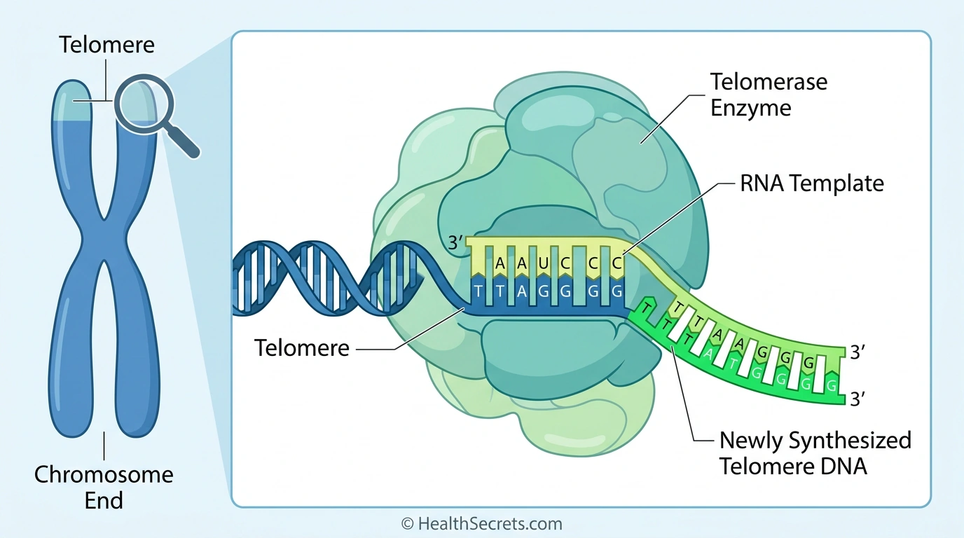 Diagram of telomerase enzyme adding protective DNA sequences to the end of a chromosome telomere