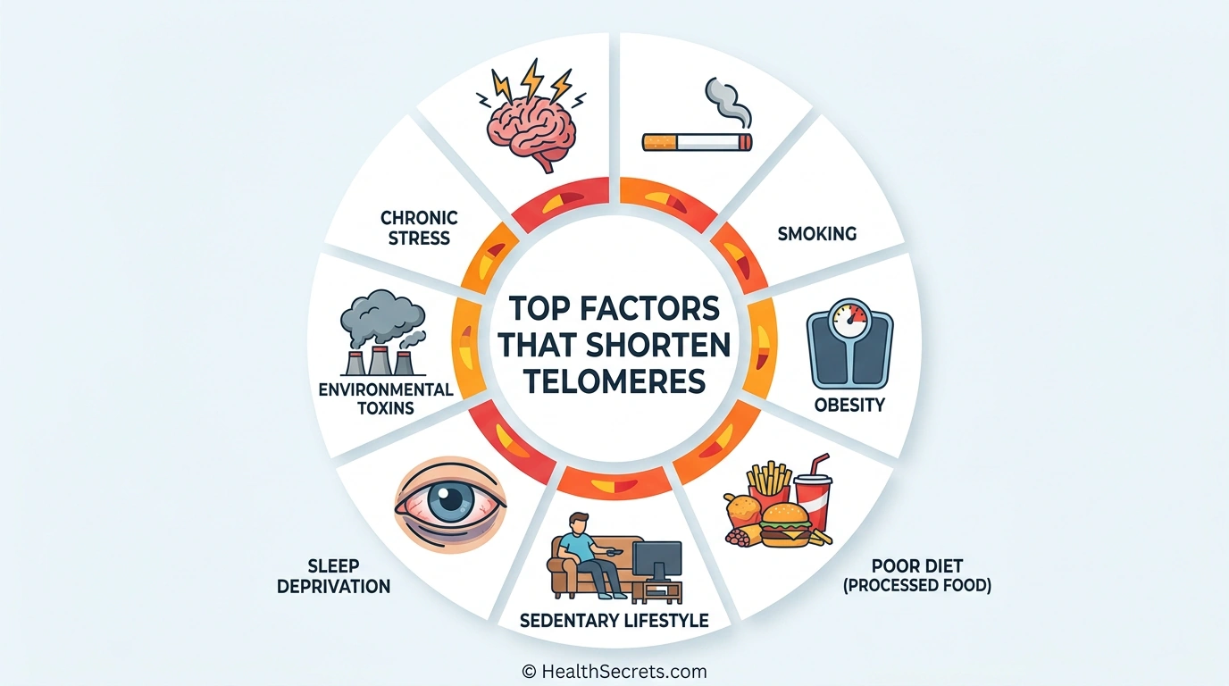 Infographic showing seven major lifestyle factors that accelerate telomere shortening including stress smoking obesity and poor diet