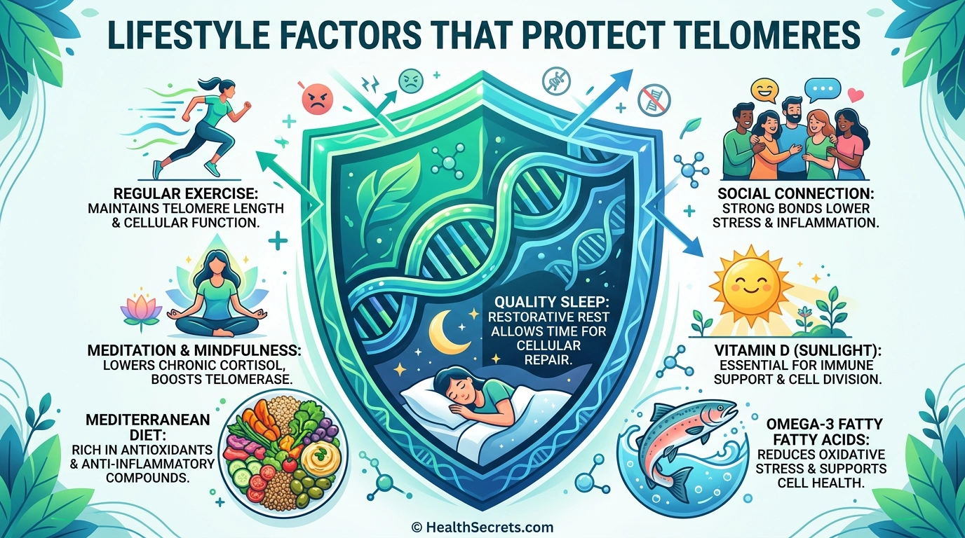 Infographic showing seven evidence-based lifestyle strategies for protecting telomeres including exercise meditation and Mediterranean diet