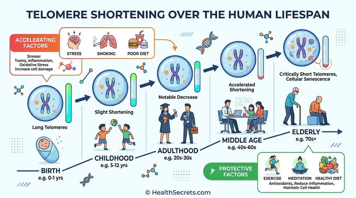 Infographic showing progressive telomere shortening from birth through old age with accelerating and protective lifestyle factors