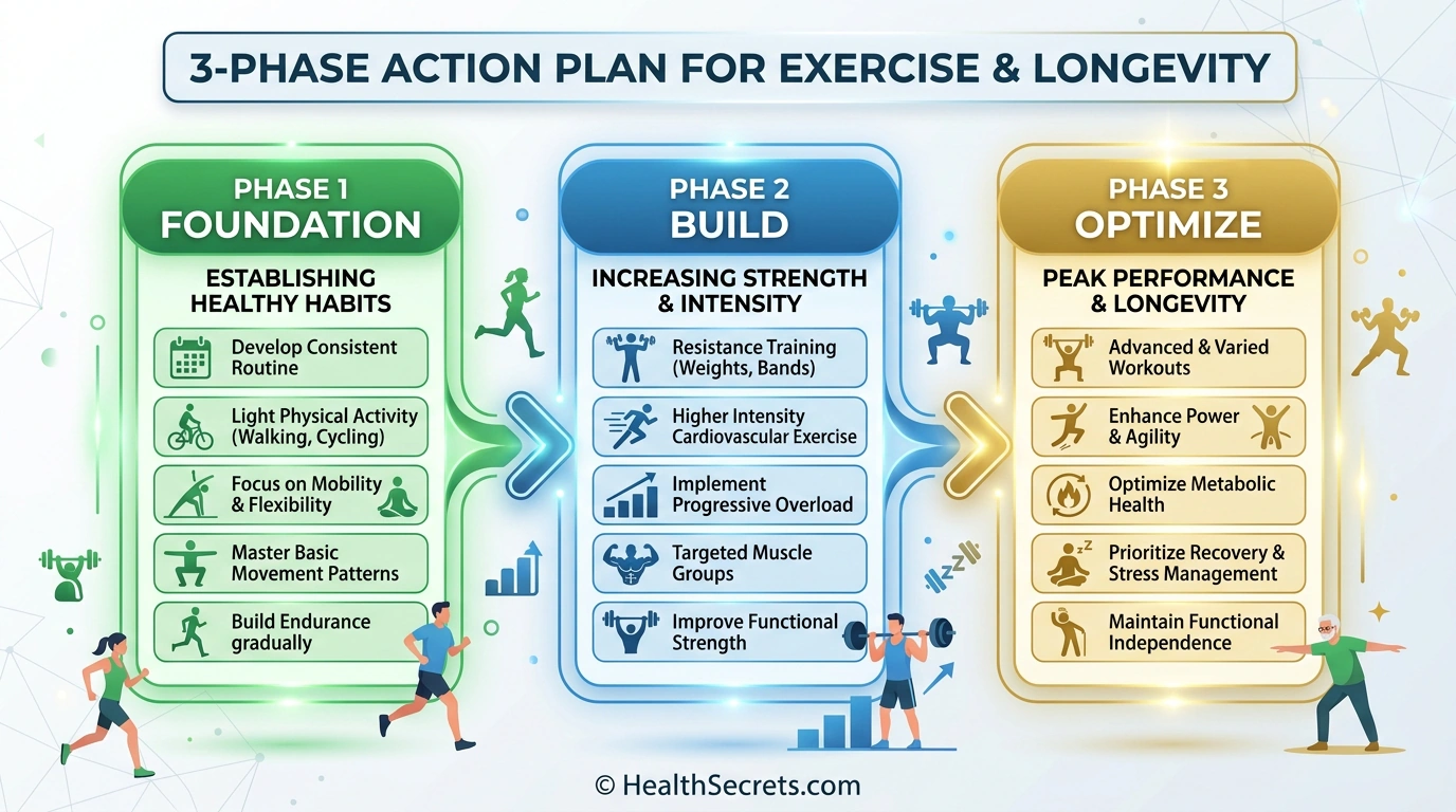 Three-phase action plan for exercise longevity showing foundation build and optimize phases