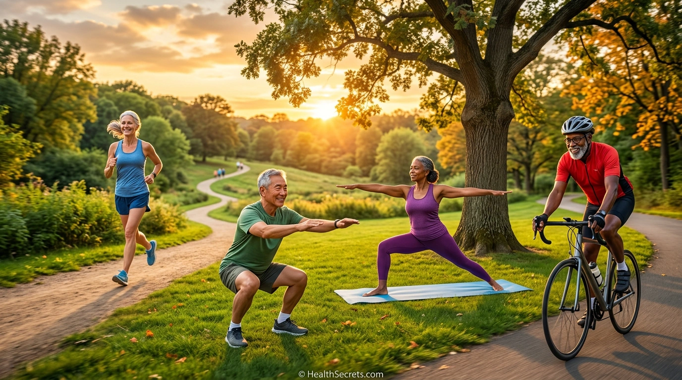 Diverse group of active older adults exercising outdoors including jogging cycling squats and yoga for longevity