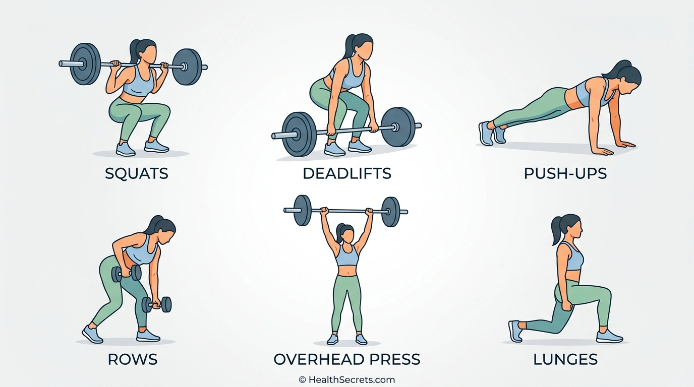 Six compound exercises for longevity including squats deadlifts push-ups rows overhead press and lunges with proper form