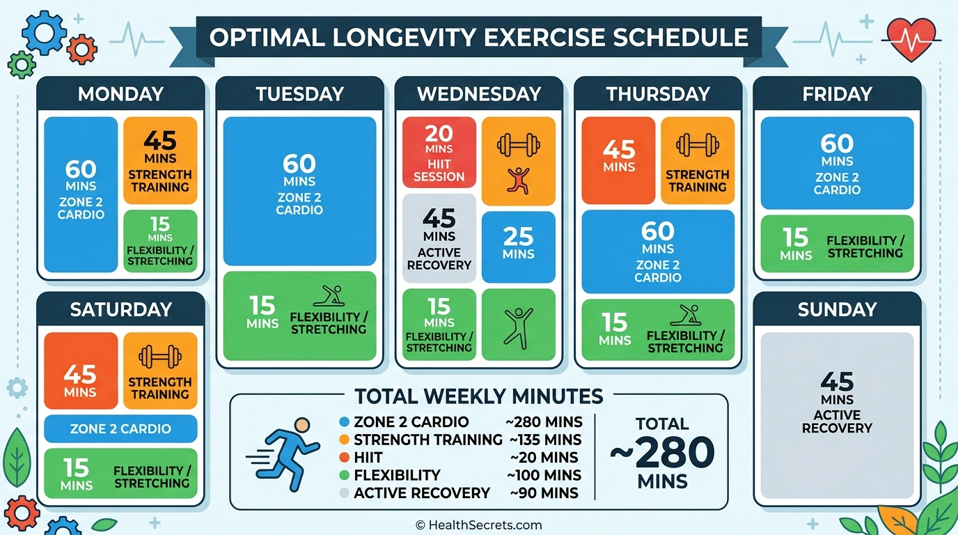 Optimal weekly exercise schedule for longevity showing cardio strength HIIT flexibility and recovery sessions