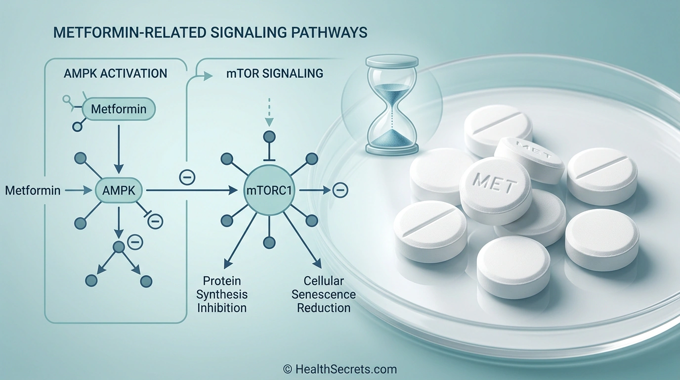 Metformin tablets alongside AMPK and mTOR molecular pathway illustrations representing the drug's potential anti-aging mechanisms