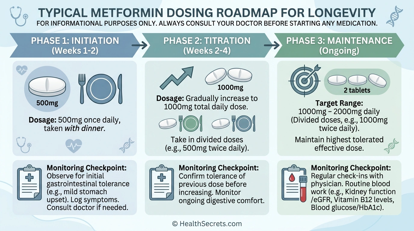 Step-by-step metformin dosing protocol showing gradual increase from 500mg to maintenance dose with monitoring checkpoints