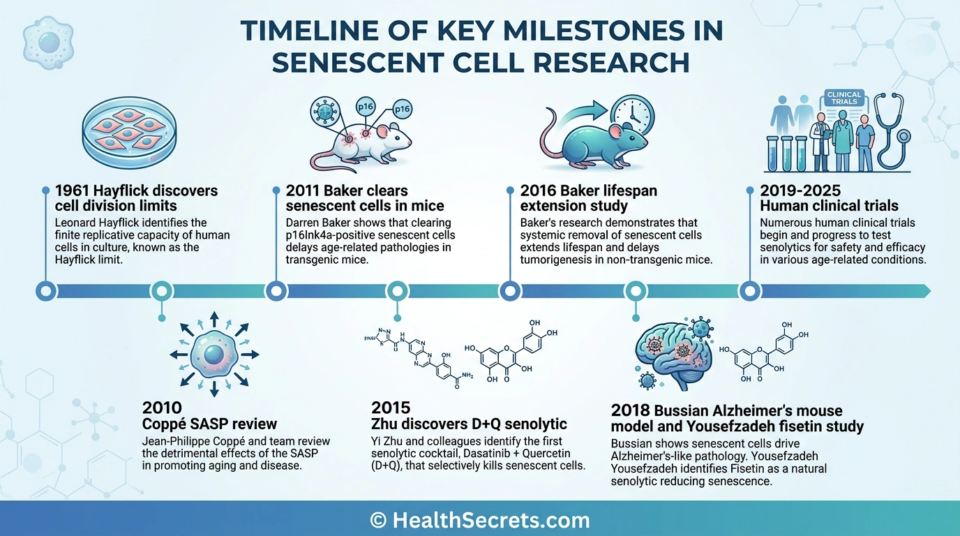 Timeline of landmark senescent cell and senolytic research from Hayflick 1961 to current human clinical trials