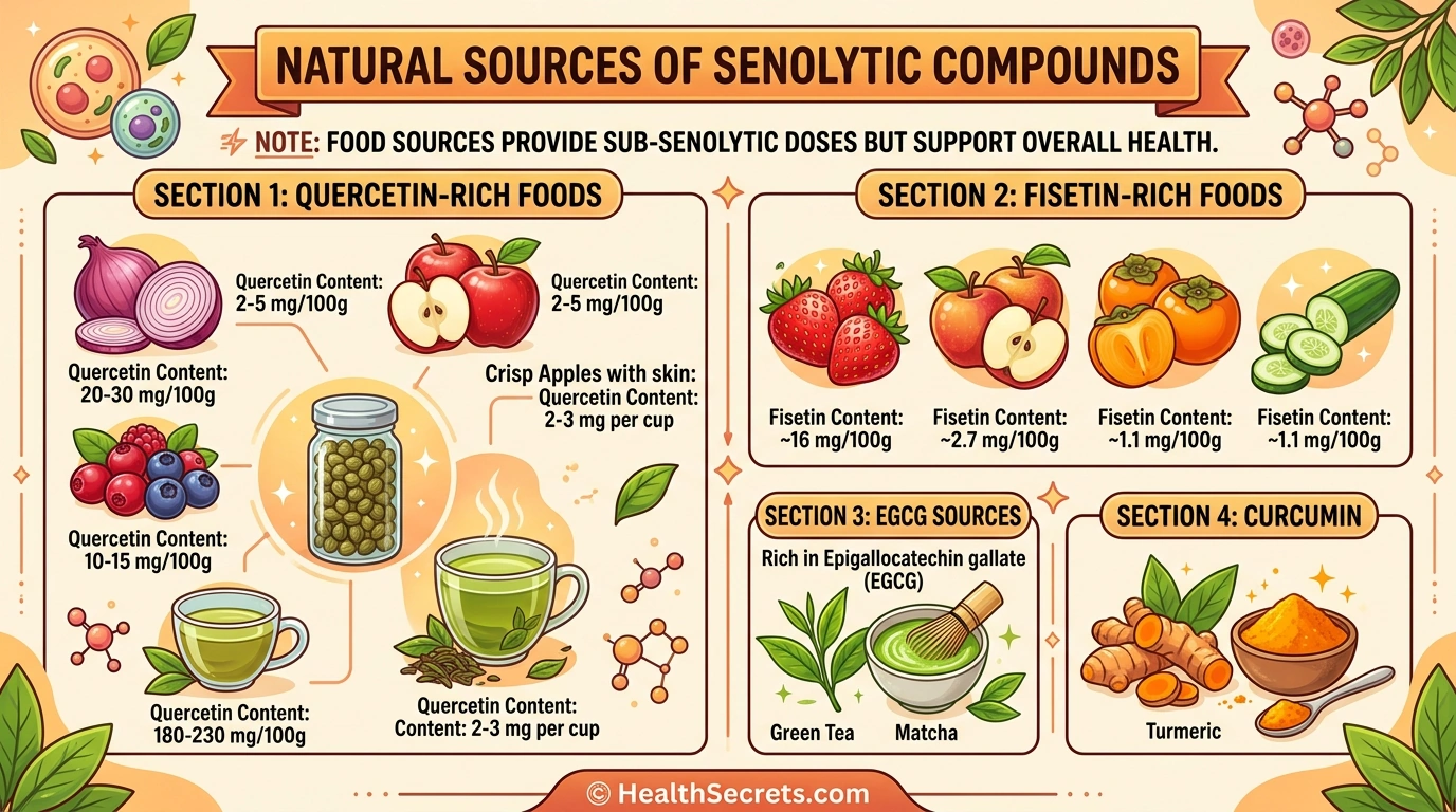 Infographic showing natural food sources of senolytic compounds including quercetin fisetin EGCG and curcumin