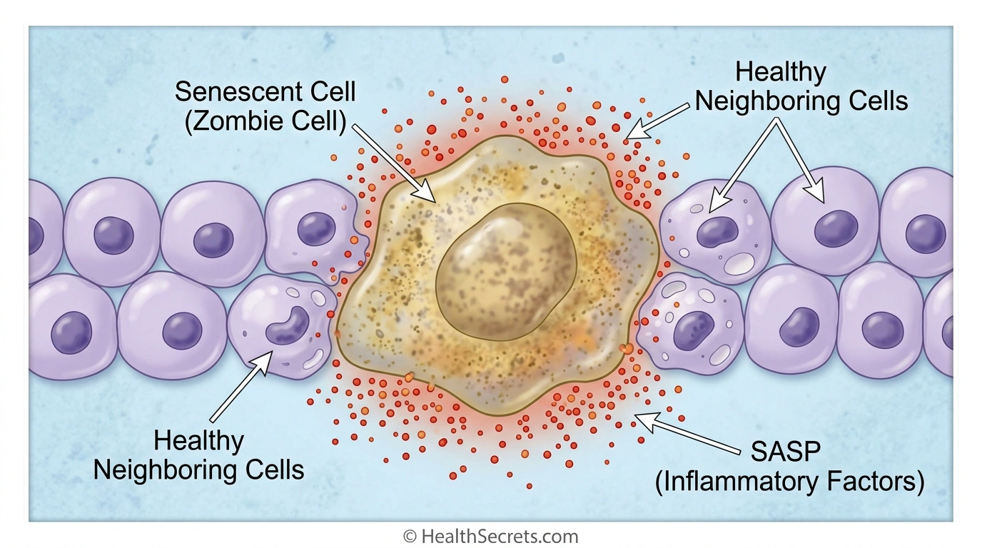 Illustration of a senescent zombie cell releasing SASP inflammatory factors that damage neighboring healthy cells