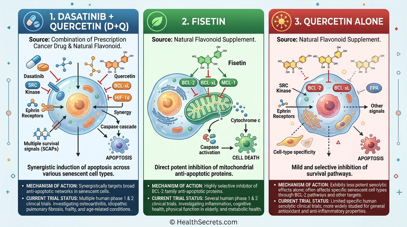 Comparison diagram of three senolytic compounds showing dasatinib plus quercetin fisetin and quercetin mechanisms of action