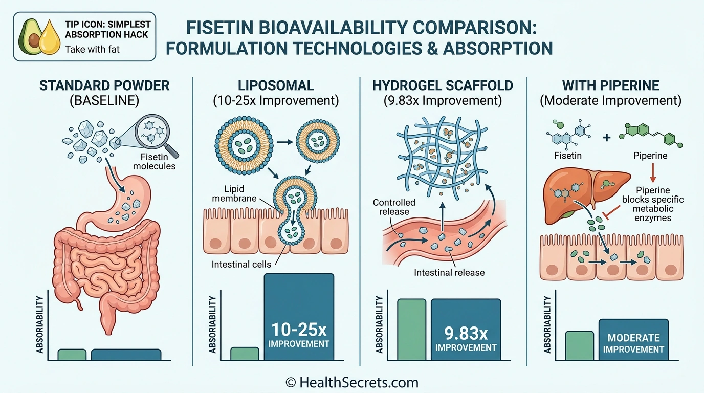 Comparison of fisetin supplement formulations showing bioavailability improvements from liposomal hydrogel and piperine delivery technologies