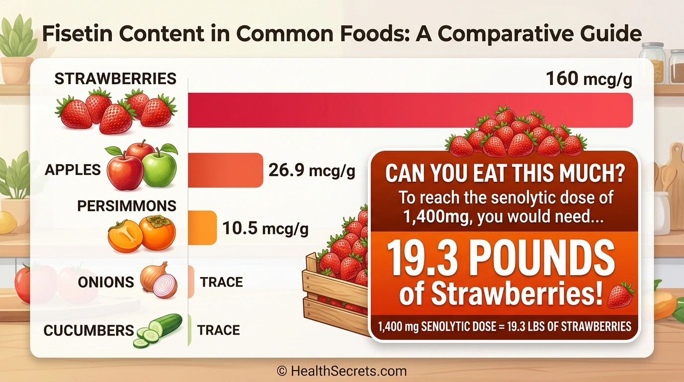 Comparison chart showing fisetin content in strawberries apples persimmons onions and cucumbers with amounts needed for senolytic doses