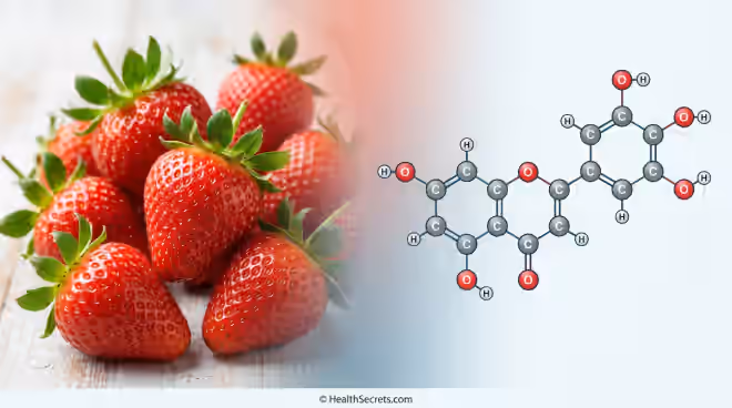 Fisetin flavonoid molecular structure alongside fresh strawberries showing the natural source of this senolytic compound