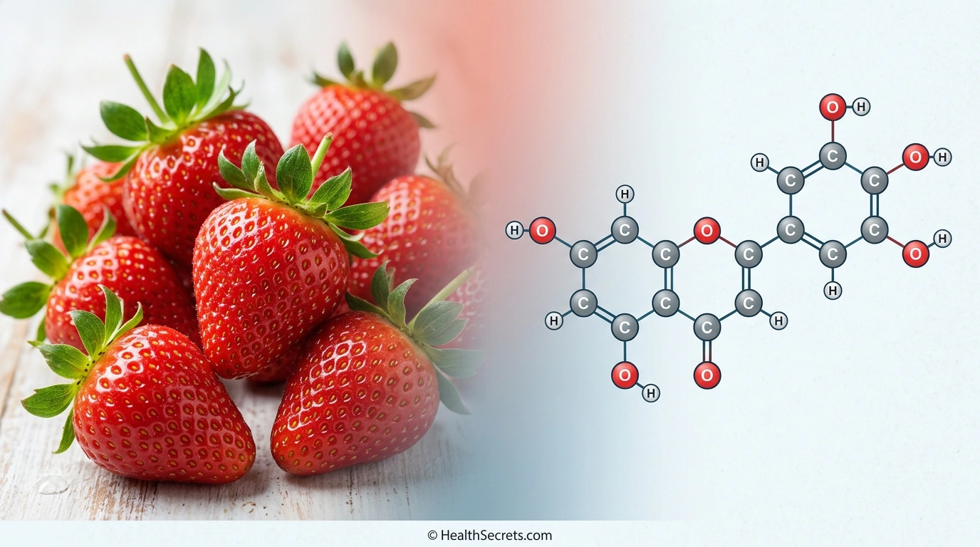 Fisetin flavonoid molecular structure alongside fresh strawberries showing the natural source of this senolytic compound