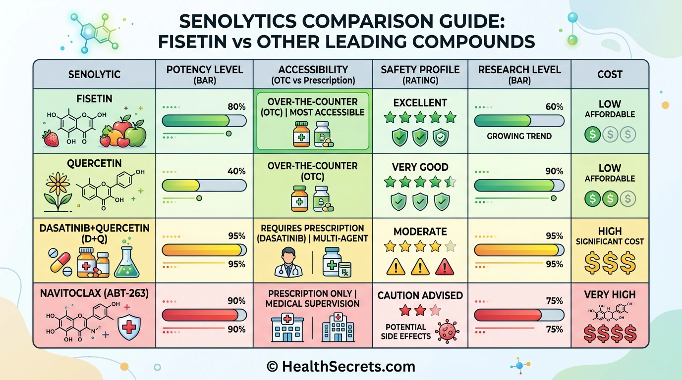 Comparison of fisetin quercetin dasatinib plus quercetin and navitoclax senolytics showing potency accessibility safety and research level