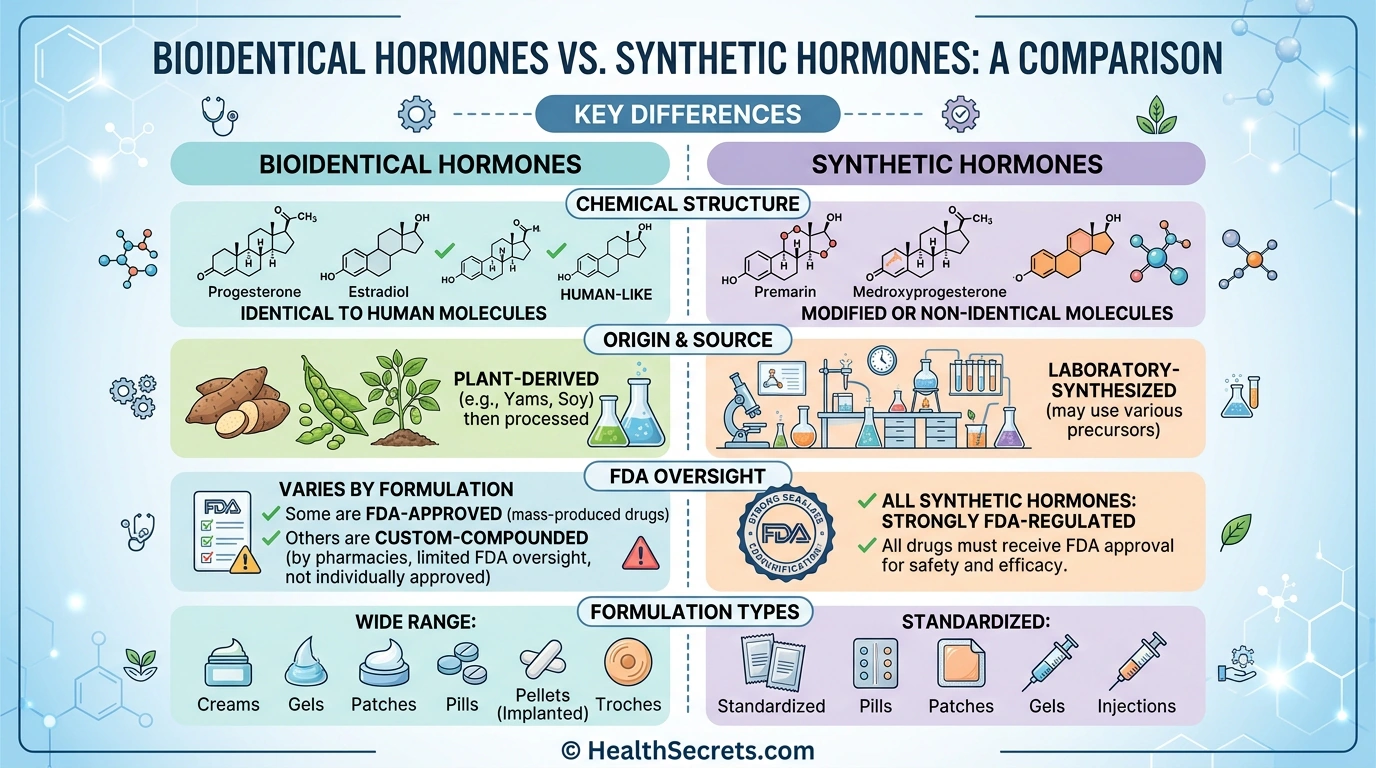 Comparison infographic showing differences between bioidentical and synthetic hormone therapy options