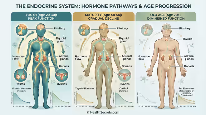 Infographic of the human endocrine system showing major hormone-producing glands and pathways involved in aging