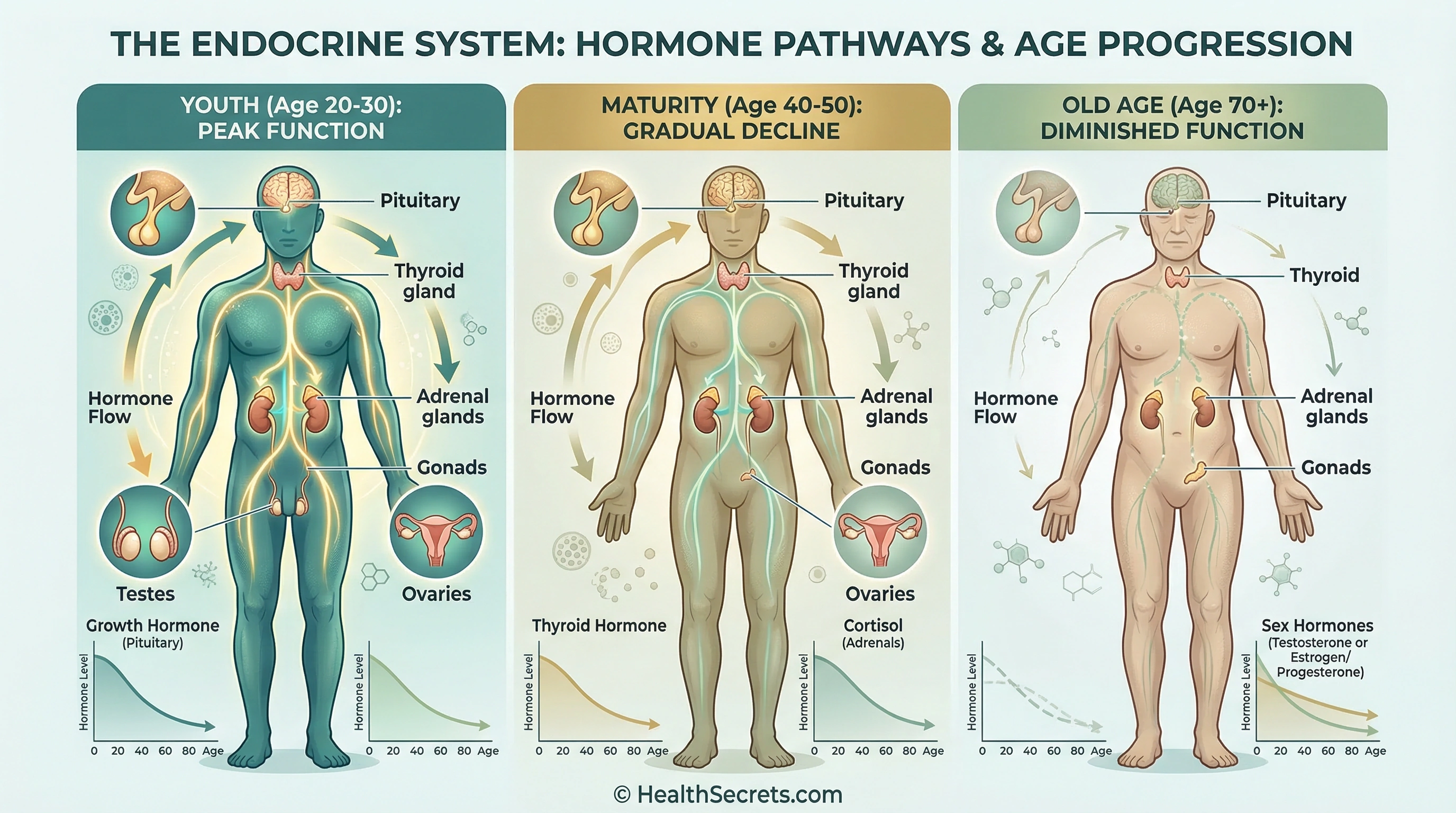 Infographic of the human endocrine system showing major hormone-producing glands and pathways involved in aging