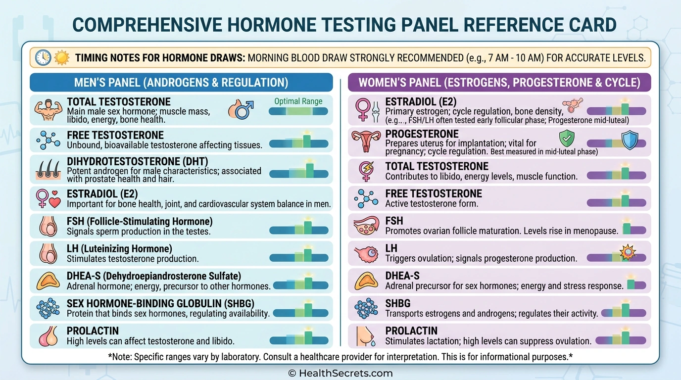 Reference card showing recommended hormone testing panels for men and women with timing guidelines