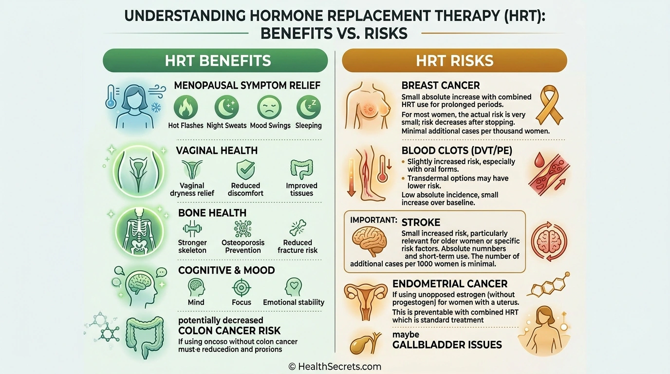 Two-column comparison infographic showing the benefits and risks of hormone replacement therapy