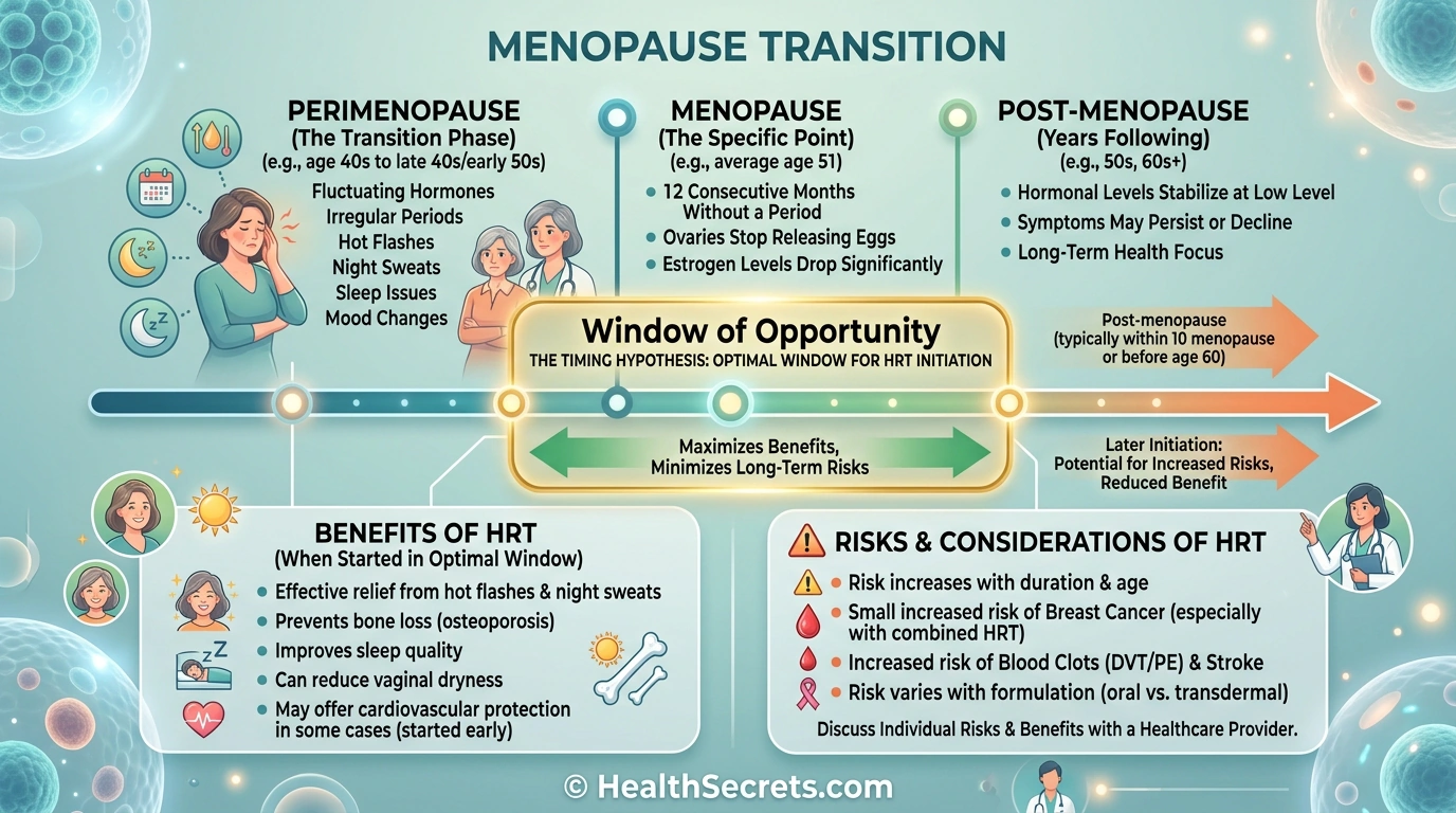 Timeline infographic showing the menopause transition and optimal window for initiating hormone replacement therapy