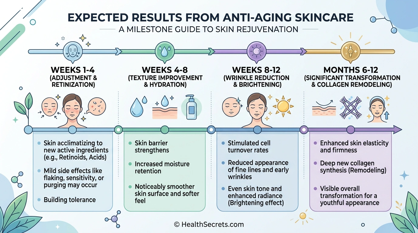 Anti-aging skincare results timeline showing expected improvements from weeks 1 through 12 months